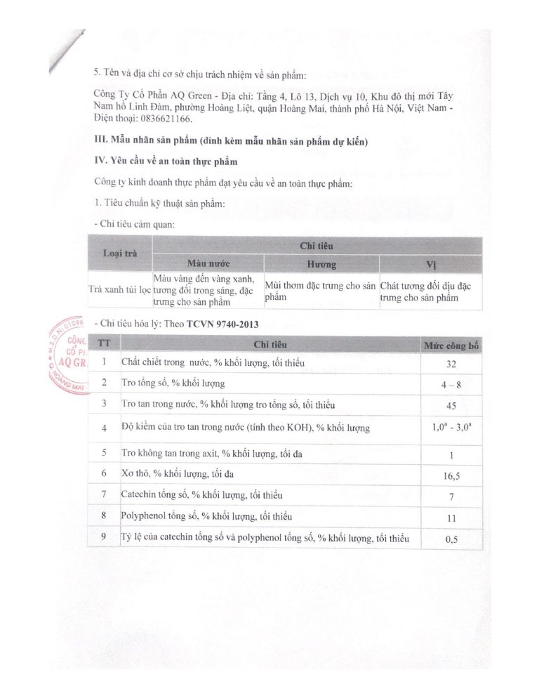 TU CONG BO TRA TUI LOC page 0002 Bản tự công bố sản phẩm của Ân Quang Trà